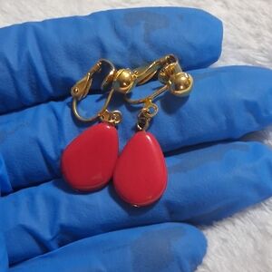 Vintage Gold Tone and Red Acrylic Teardrop Earrings